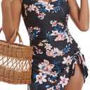 One Piece Swim Dress Swimsuits for Women Tummy Control Swimdress Skirt V Neck Bathing Suit (Medium, Black Floral Print)