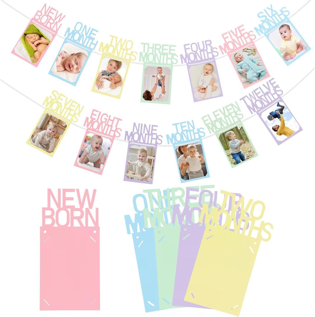 Buryeah Pastel 1st Birthday Photo Banner for Baby from Newborn to 12 Months, Macaron One Year Photo Banner with Frame First Birthday Party Decorations for Girl Monthly Milestones Garland