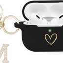 Compatible AirPods Pro 2 Case Cover 2022, Soft Silicone Case with Gold Heart Pattern for AirPods Pro 2nd Generation with Rhinestone Studded Letter A-Z Keychain (M Black)