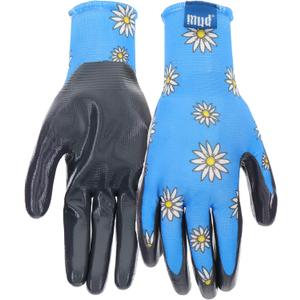 MUD Grip Women's Daisy Printed Polyester Shell and Flat Nitrile Coated Palm Gardening Gloves, (Small/Medium (Pack of 1)
