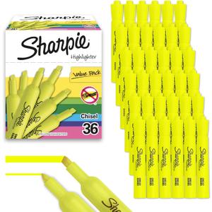 Sharpie Tank Style Highlighters, Chisel Tip, Fluorescent Yellow, 36 Count