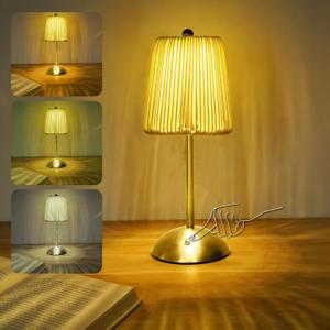 Boho Rattan Table Lamp, Cordless Wicker Woven Vintage Table Lamp - LED Rechargeable Touch Control 3 Color Dimmable Reading Bedside Lamp for Bedroom Living Room Office, Home Outdoor Decor (White-1)