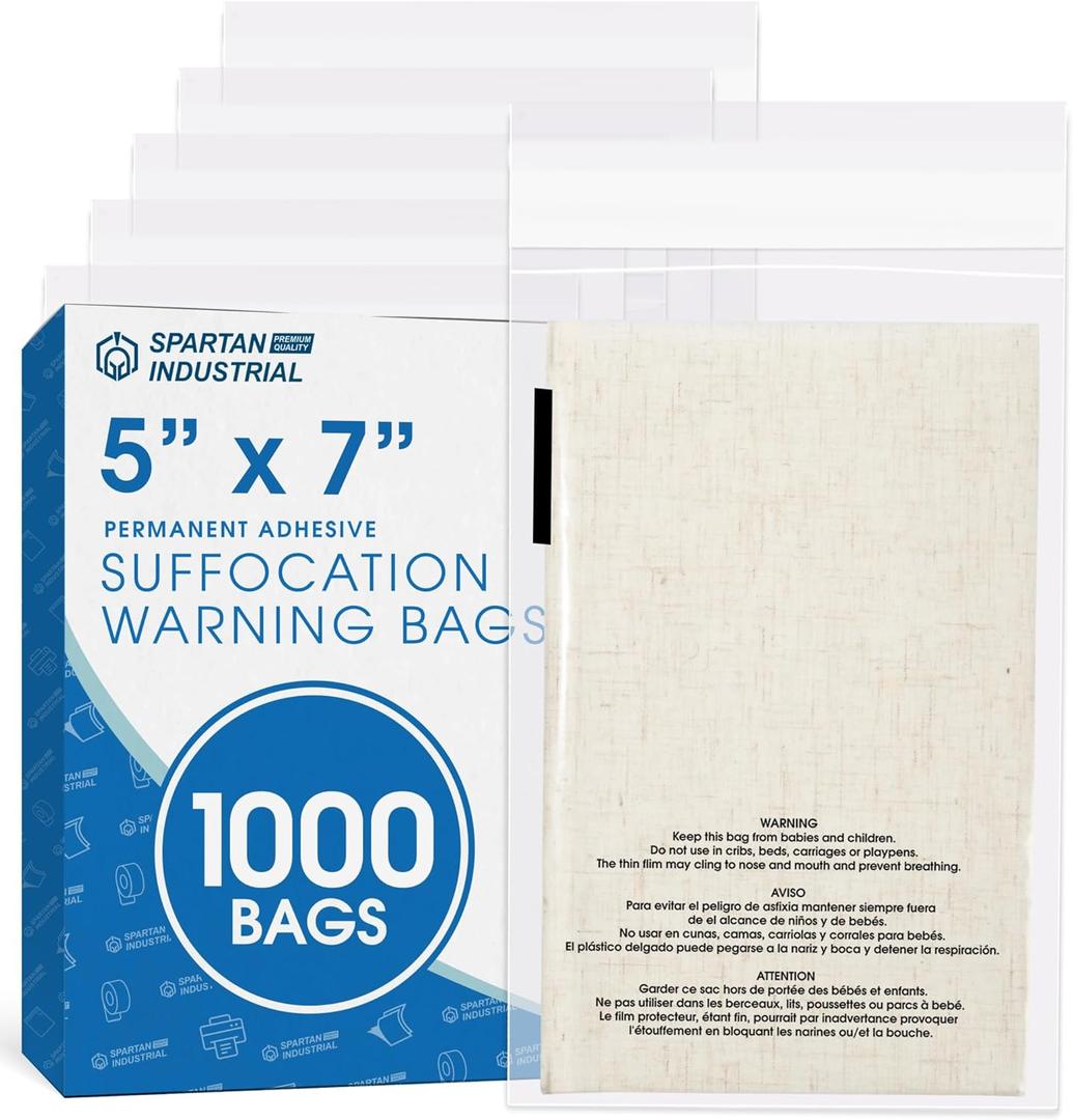 Spartan Industrial - 5 X 7 (1000 Count) Self Seal Clear Poly Bags with Suffocation Warning for Packaging, T Shirts - Permanent Adhesive