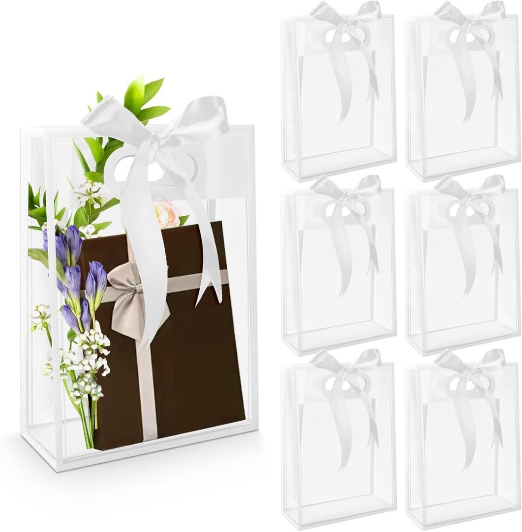 BadenBach 20 PCS Clear Gift Bags with Handles,7"x10"x3.2", Reusable Clear Party Favor Bags with Ribbon,Transparent Plastic Gift Bags for Bridal Party Baby Shower Wedding Mother's Day,White