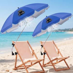 Beach Chair Umbrella with Adjustable Clamp & Solar Fan, UPF 50+