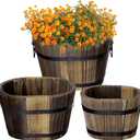Adnee 3 Pcs Wooden Whiskey Barrel Planters - 3 Sizes Wooden Bucket Barrel Garden Planters Set - Rustic Flower Planters Pots Container for Indoor Outdoor Garden Home Plants(5.3",7.3",8.3")