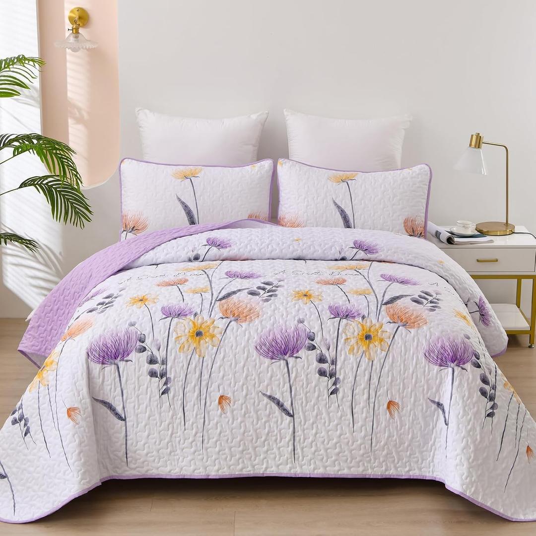 Dinjoy Floral Quilt Set Queen Size, Purple Bedspread Coverlet Botanical 3 Pieces Cute Fall Quilts Microfiber Lightweight Farmhouse Bedspreads Comforter Soft Bed Cover Sets for All Season (96"x90")