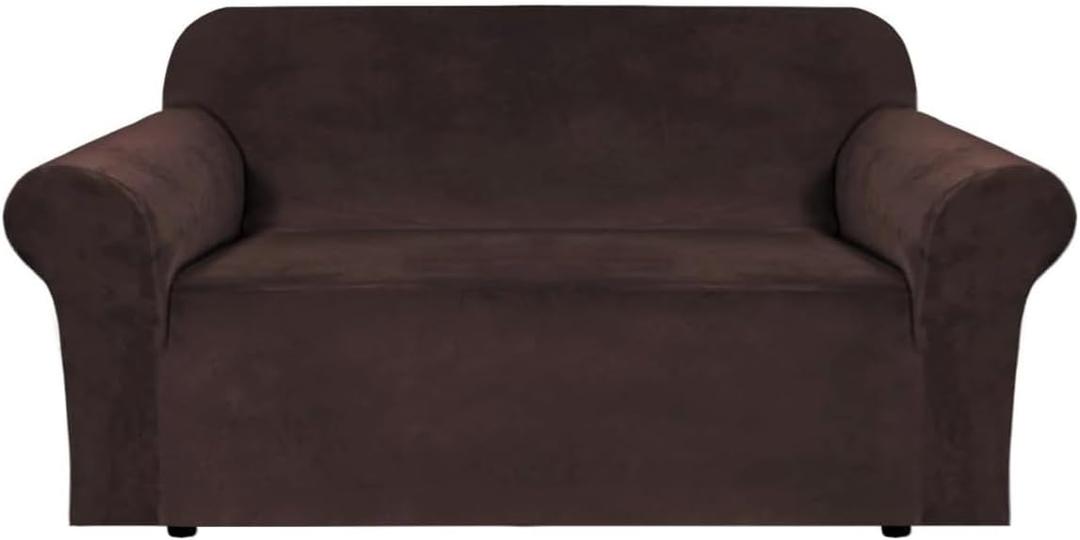H.VERSAILTEX Stretch Velvet Loveseat Covers for 2 Cushion Couch Covers for Living Room Sofa Covers Slipcovers with Non Slip Straps Bottom, Ultra Thick Comfy Velour (Width 58"-72", Chocolate)