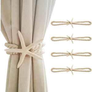 4 Pcs Natural Starfish Curtain Tiebacks, Handmade Woven Rope Curtain-Ties Scandinavian Minimalist Style Curtain Spreader for Outdoor, Hotel, Bedroom Decoration (White Finger Starfish)
