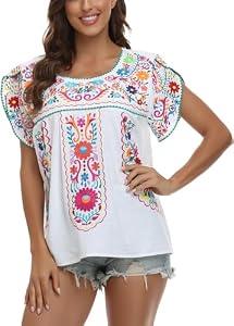Mexican Floral Embroidered Cotton Blouse Shirts Traditional Summer Tunic Crew Neck Fiesta Style (M, E633W) White