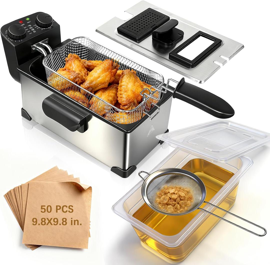 Deep Fryer with Basket, 1600W, 3L Small Deep Fryer with Oil Filtration for Home Use, Fryer Pot with Timer & Temp Control, Viewing Window, Stainless Steel, Fine Mesh Strainer, Oil Storage Container
