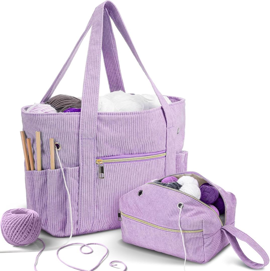 Bulyoou 2 Pcs Crochet Bag and Tote Set Corduroy Yarn Bag Crochet Tote Bag for Crochet Hooks Organizer Yarn Holder for Crochet Lovers Knitting Bag Crochet Accessories(Purple)