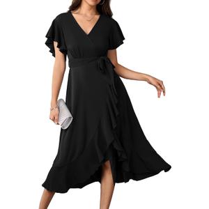 Womens Wedding Guest Midi Dress Flutter Sleeve V Neck Wrap High Low Bridesmaid Cocktail Formal Dresses for Women (Black)