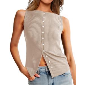 Tankaneo Womens Button Down Ribbed Tank Tops Cropped Cute Y2k Vest Tops 2025 Summer Going Out Outfits (Small, Khaki)