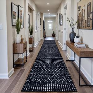 Beeiva Moroccan Hallway Runner Rug 2x10, Washable Non-Slip Low-Pile Runners for Hallways, Geometric Printed Long Carpet Rug for Kitchen, Laundry, Entryway - Black