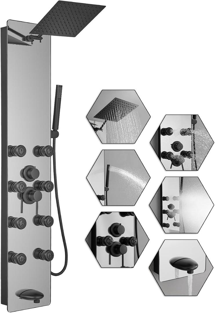 Shower Panel Tower System, 10" Adjustable Rainfall Shower, 8 Body Massage Jets, Glass Shower Panel, Wall Mounted (Matte Black)
