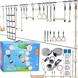 Hyponix Ninja Obstacle Course for Kids  2 x 60 ft Slacklines with 13 Weatherproof Obstacles  Monkey Net, Ratchet-Tight Tech, Supports 880 lbs  Climbing & Swinging Backyard Fun (Grey)