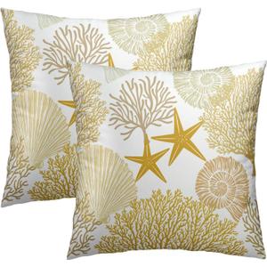 Summer Ocean Themed Nautical Coastal Throw Pillow Covers 18X18 Inches Set of 2 Yellow Seashell Starfish Coral Pillowcase Soft Cotton Square Cushion Covers for Home Sofa Patio Bedroom Decoration