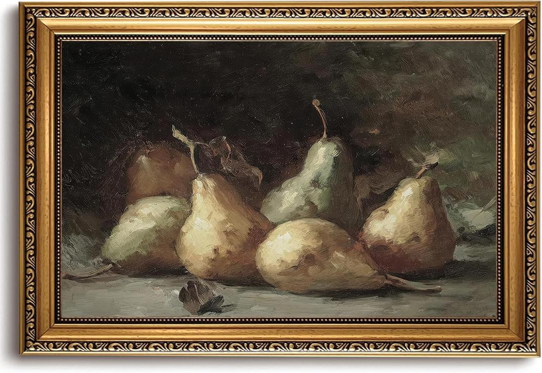 LHHJDIO Vintage Gold Framed Wall Art Farmhouse Fruit Canvas Wall Art Rustic Pears Picture Wall Decor Still Life Fruit Art Prints for Kitchen Dining 16"x24"