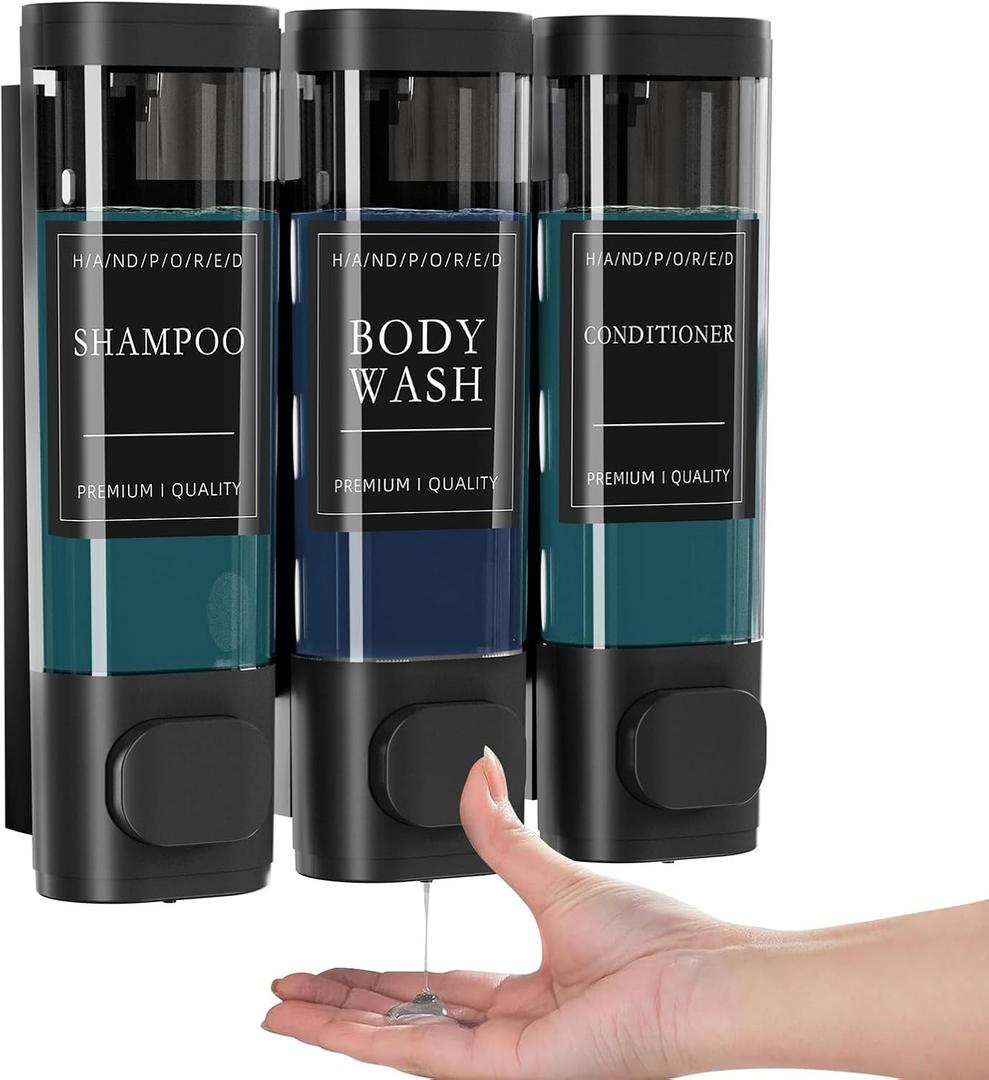 Shampoo and Conditioner Dispenser, Shower Soap Dispenser Wall Mounted, Refillable Shampoo and Conditioner Bottles for Bathroom Hotel Large Capacity(Black) (3 chamber)