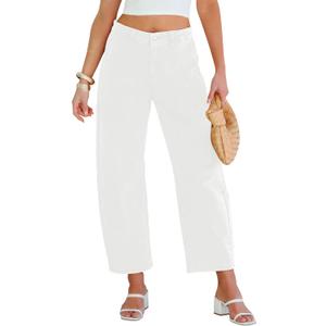 GRAPENT Barrel Jeans for Women High Waisted Trendy Wide Leg Baggy Ankle Length Stretchy Denim Trouser Jeans with Pockets (Size Medium, Cream White)