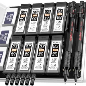 Nicpro 0.5 mm & 0.7 mm Mechanical Pencil Set with Case, MP2000 Metal Artist Mechanical Pencil With 6 Tube HB 2B Lead Refills, Eraser, Weatherproof Barrel for Outdoor Writing Drafting Sketching