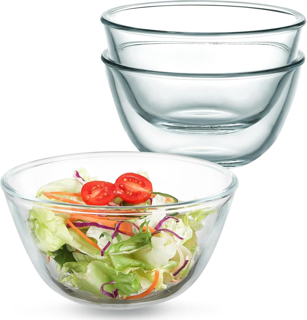 WHJY 3 Pack of 7 Inch Glass Cereal Bowls - Borosilicate Glass Construction, Modern Style, 17.64 Ounces Capacity Each (Large)