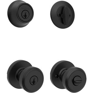 Kwikset Maven Front Door Lock Handle and Deadbolt Set, Entry Handleset Round Exterior with Interior Door Knob, Secure Locking Deadbolt, Matte Black, with Microban Protection