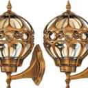 Gold Outdoor Wall Light Fixtures, Globe Exterior Aluminum Waterproof Porch Lights, Sphere Anti-Rust Outside Lantern Wall Mount with Amber Glass for Patio Backyard Garage Doorway, 2 Pack