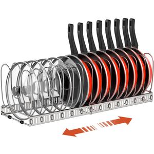 Housolution Pot and Pan Organizer Rack for Cabinet, Stainless Steel Expandable Pot Lid Organizer with 14 Adjustable Dividers, Pot and Pan Holder Rack Storage Organizer for Kitchen, Silver