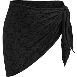 ZAFUL Sarong Coverups for Women Beach Vacation Fishnet See Thru Tie Side Bathing Suit Cover Up Mini Skirt (Black)