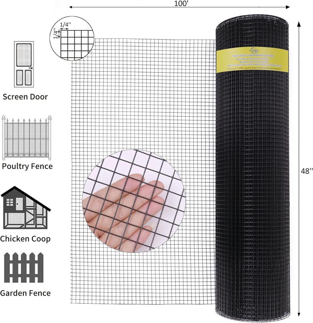 Black Hardware Cloth 1/4inch 48 x100ft 23 Gauge PVC Coated Wire Mesh Roll Welded Wire Fencing Roll Snake Fence Chicken Coop Wire Fencing Rabbit Wire Gopher Wire Cloth Rodent Wire Mesh