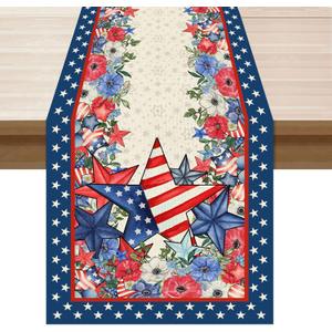 2 x XCHI America Stars Flowers Memorial Day Table Runner 4th of July Patriotic Independence Day Table Decoration for Party Home Kitchen Dining Holiday Decor 13x120 Inch