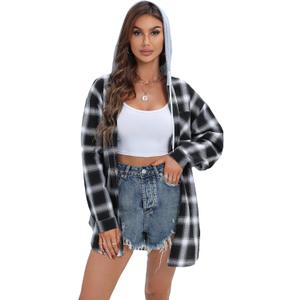 Women's Plaid Flannel Shirts Hoodie Long Sleeve Oversized Shirt Jacket Button Down Blouse Tops (Black, XXL)