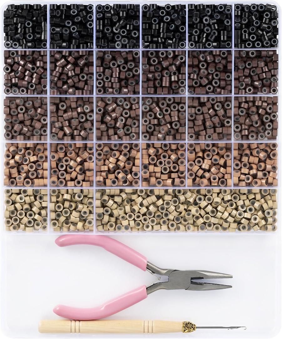 2400pcs Hair Extension Beads, Funtopia 5 Colors 5mm Silicone Beads for Hair, Micro Silicone Lined Rings for Hair Styling (Black-Dark Brown-Medium Brown-Light Brown-Blonde)