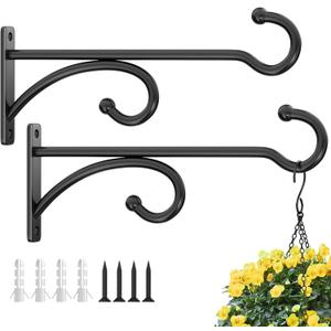 8-Inch Planter Hooks for Hanging Plants - Plant Hanger Hook Indoor Outdoor, Plant Wall Hooks, Brackets for Hanging Plants, Baskets, Wind Chime, Bird Feeder, Bird House (Black, Metal, 2 Pack)