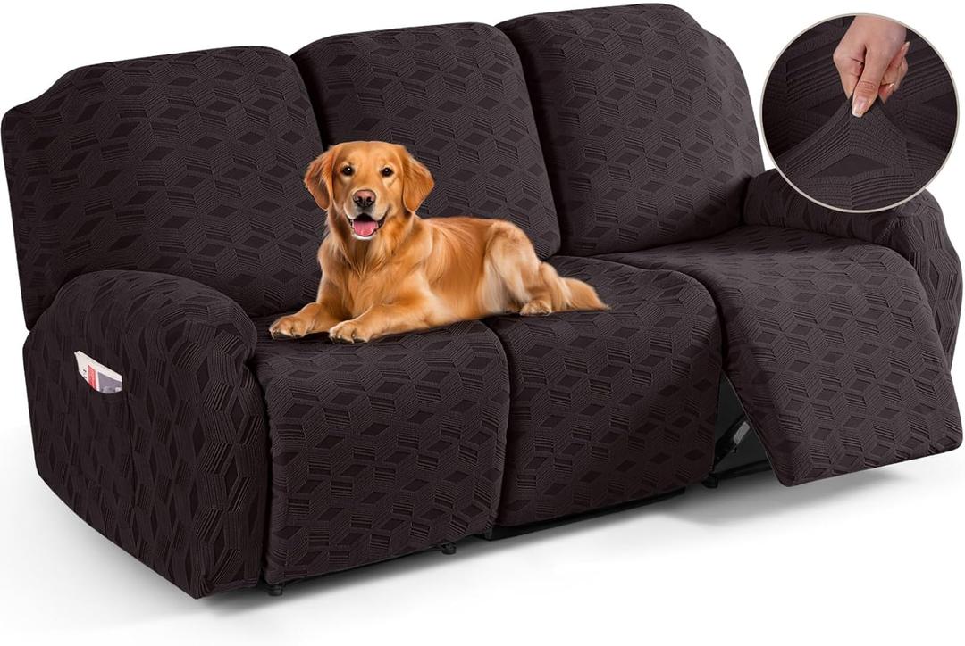 TAOCOCO Recliner Sofa Covers Stretch Reclining Couch Cover, Jacquard Recliner Couch Cover for 3 Seat Furniture Protector Sofa Slipcovers with Elastic Bottom for Kids, Pets (Chocolate)