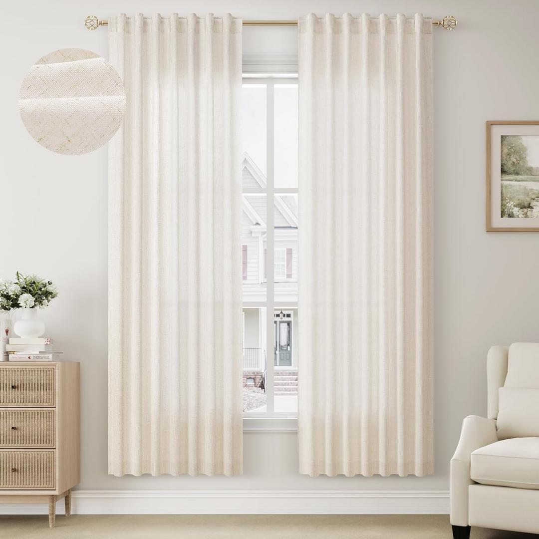 BOODII Semi Sheer Textured Linen Curtains 72 Inches Length Long, 2 Panels Set for Bedroom Dining Living Room,Back Tab,Rod Pocket,Clip Rings Light Filtering Window Drapes,W52 x L72,Natural
