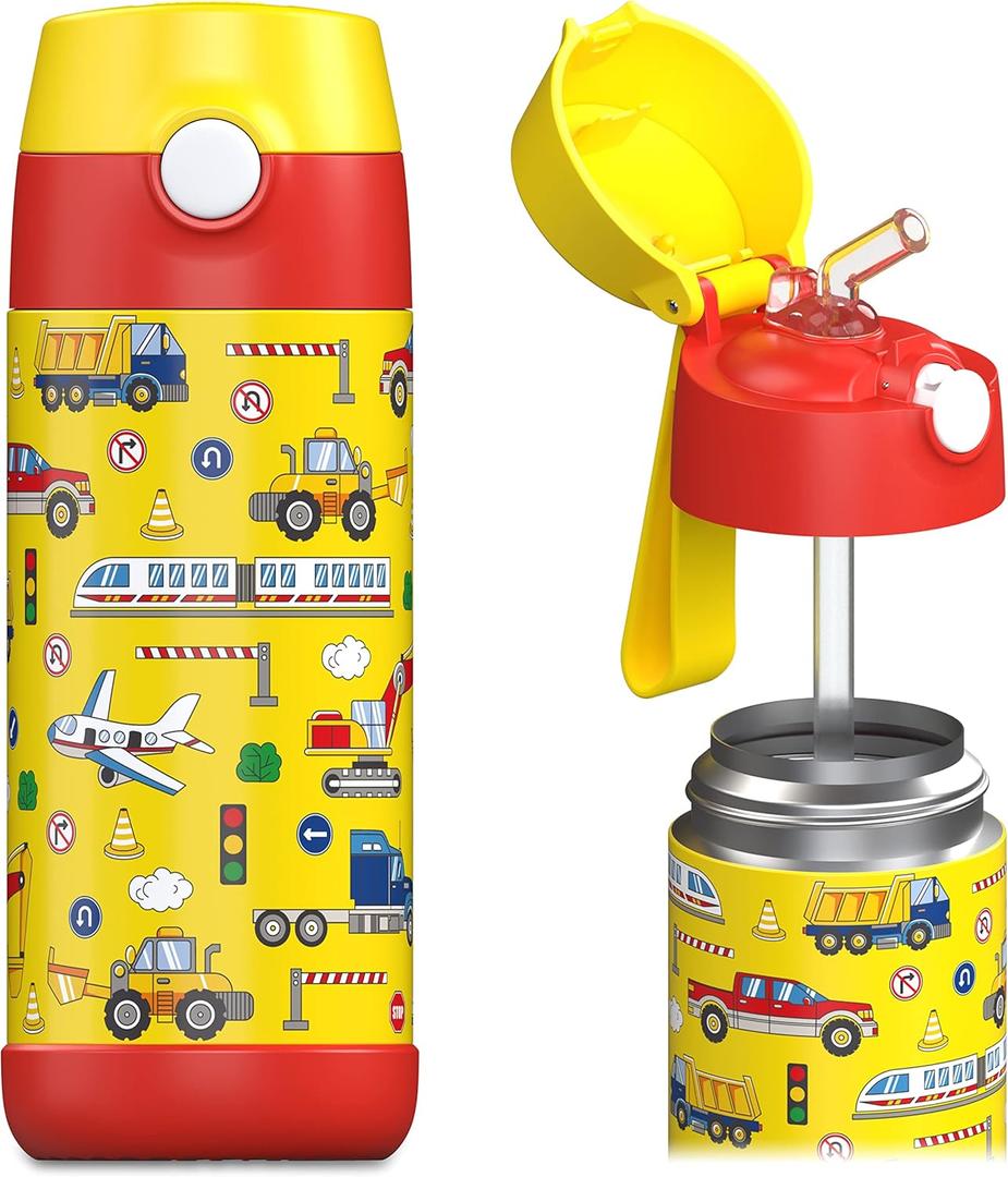 Jarlson Kids Water Bottle CHARLI [12OZ] - Stainless Steel Thermo Bottle with Straw - Insulated, Spill Proof Waterbottle for School & Sports - Thermo Tumbler for Boys & Girls (Vehicles)