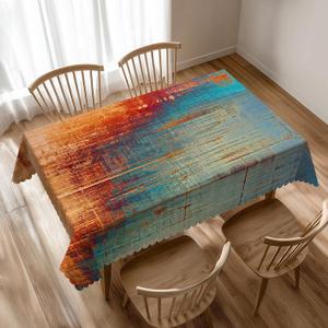 Blue Orange Rectangle Table Cloth for Dining Tables, Reusable Vintage Abstract Messy Rust Painting Tablecloths Kitchen Art Tabletop Decor Table Cover for Holiday,Picnic,Party, 54x72 Inch