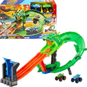 Hot Wheels Toy Monster Trucks, Sharks vs. Dinos Dragon Destruction Playset with 1:64 Scale Great Bite & Rageasaur, Race to Defeat the Cyborg Nemesis