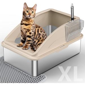 Stainless Steel Litter Box, Extra Large Litter Boxes for Big Cats, XL Metal Cat Litter Box with Lid, Anti-Urine Leakage, Non-Sticky, Include Cat Mat and Litter Scoop (X-Large, Beige)