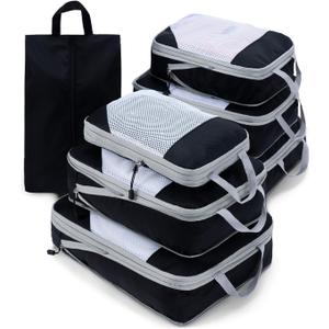 Meowoo 7 Set Compression Packing Cubes for Travel, Durable Ripstop Mesh Suitcase Organizer with Shoe Bag, Ultralight & Expandable Space Saver Travel Cubes (Black)