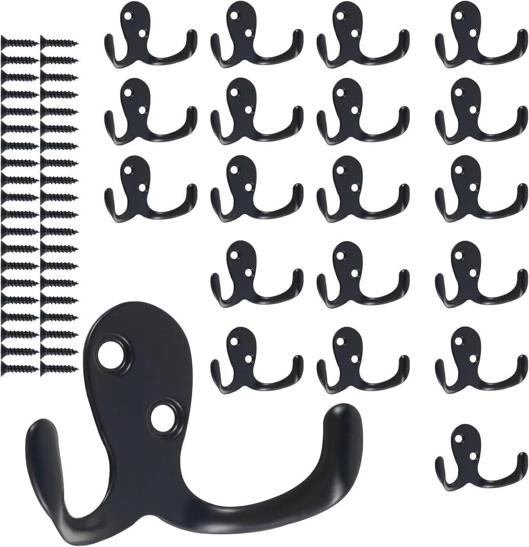 20Pcs Double Hooks For Hanging Heavy Duty Coat Hooks Bulk Double Prong Utility Hook Rustic Black Metal Hooks Wall Mounted for Living Room Bathroom Kitchen Bedroom for Towel Coat Bag Scarf Hat Key Cup