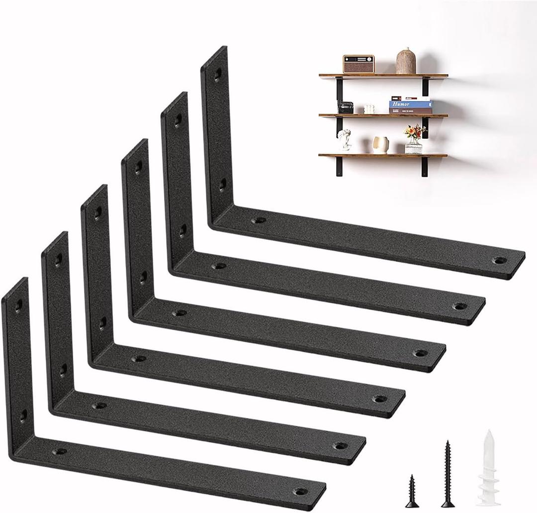 Shelf Brackets Heavy Duty 14 Inch Black L Brackets for Shelves 6 Pack 5mm Thick Wall Mounting Floating Metal Iron Shelf Support for Wood with Screw