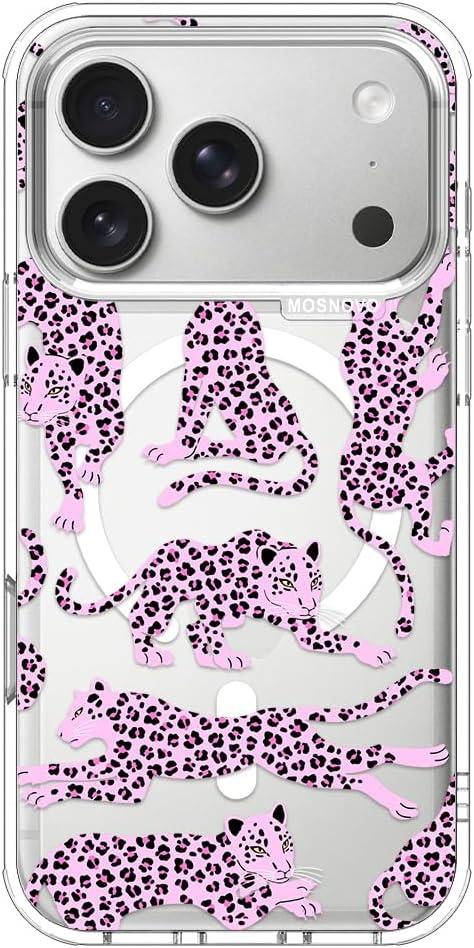 MOSNOVO for iPhone 17 Pro Case | Compatible with Magsafe | Military Grade 6.6ft Drop Tested | Camera Control | Clear with Pink Leopard Design