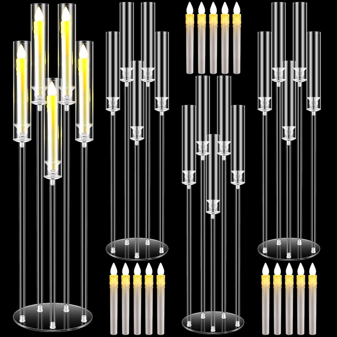 Tandefio 4 Sets 35'' Tall LED Candelabra Centerpiec, 5 Arm Clear Acrylic Candle Stands with Shades and 20 Flameless LED Candles, Candlestick Holder for Floor Table Fireplace Dinner Party Wedding Decor