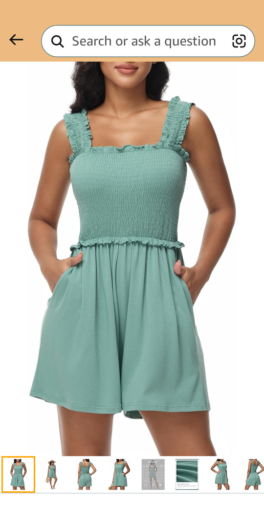 Tanou Women's Summer Casual Smocked Rompers Square Neck Sleeveless Loose Short Jumpsuit Flowy Beach Outfits with Pockets, Size S