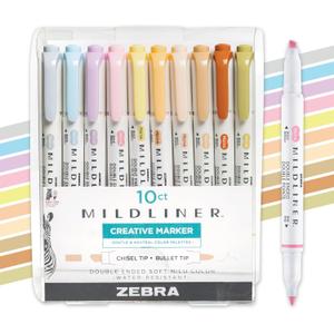Zebra Pen Mildliner Dual-Tip Highlighter Marker Set, Broad and Fine Point Tips, No Bleed, Ideal for Bible Highlighting, Journaling & Note-Taking, Assorted Neutral & Gentle Ink Colors, 10-Pack (78701)