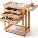 Art Supplies Storage Cart 5-Tier Solid Beech Wood 3 Drawers 4 Rolling Wheel